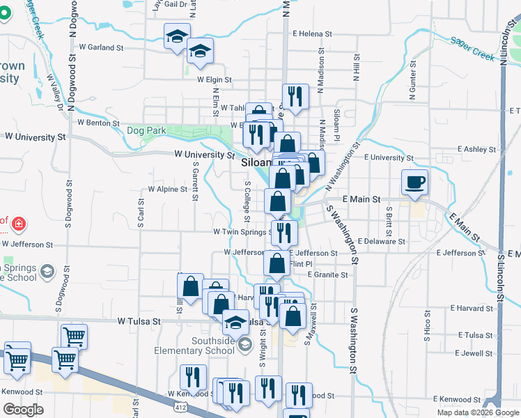 map of restaurants, bars, coffee shops, grocery stores, and more near 222 South Wright Street in Siloam Springs