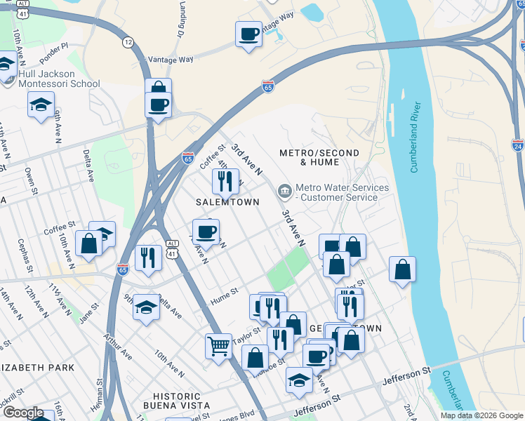 map of restaurants, bars, coffee shops, grocery stores, and more near 1703 4th Avenue North in Nashville