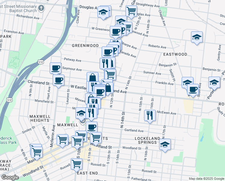 map of restaurants, bars, coffee shops, grocery stores, and more near 1034 Eastland Avenue in Nashville