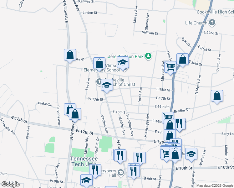 map of restaurants, bars, coffee shops, grocery stores, and more near 129 East 16th Street in Cookeville