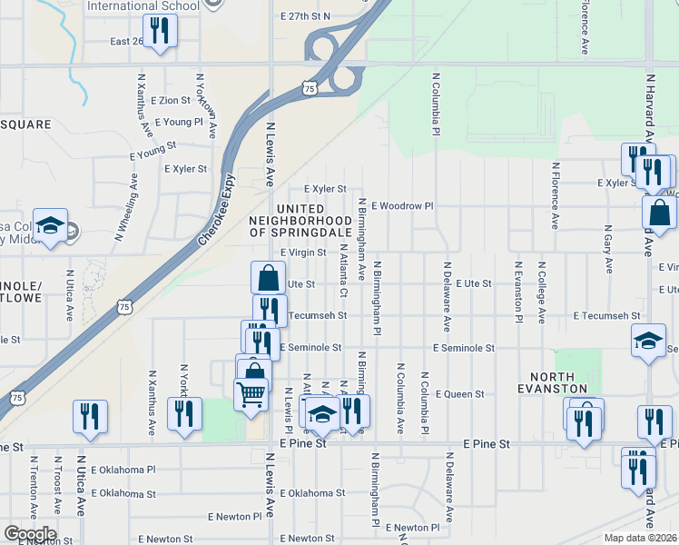 map of restaurants, bars, coffee shops, grocery stores, and more near 1932 North Atlanta Court in Tulsa