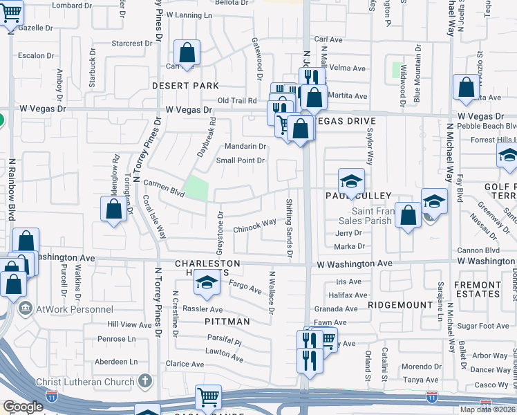 map of restaurants, bars, coffee shops, grocery stores, and more near 6204 Saginaw Drive in Las Vegas