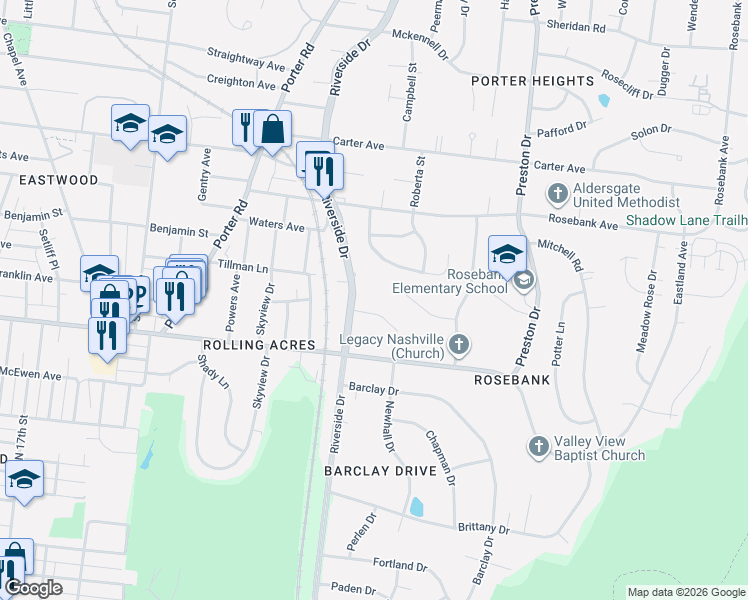 map of restaurants, bars, coffee shops, grocery stores, and more near 2316 Oak Court in Nashville