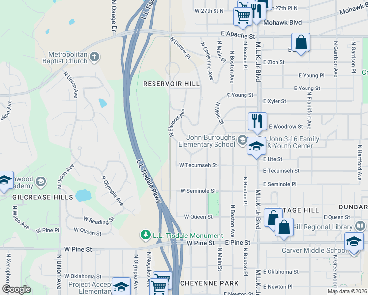 map of restaurants, bars, coffee shops, grocery stores, and more near 1916 North Denver Avenue in Tulsa