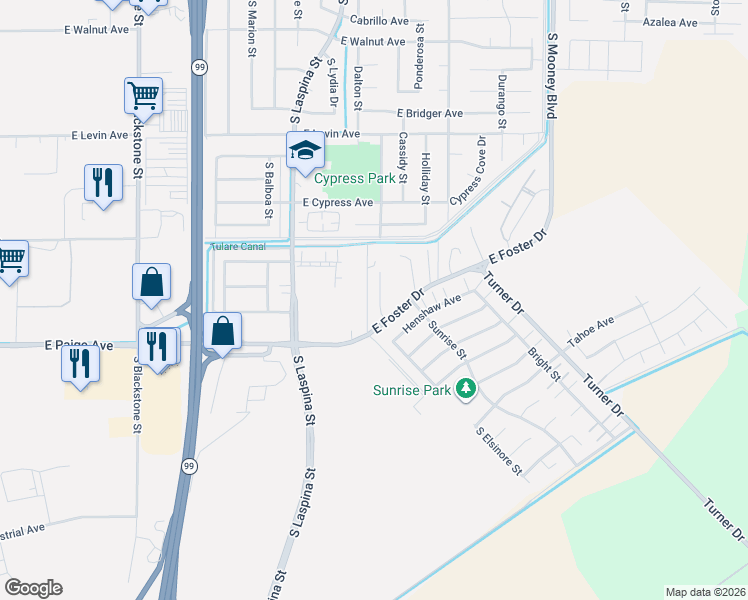 map of restaurants, bars, coffee shops, grocery stores, and more near 1726-1766 E Foster Dr in Tulare
