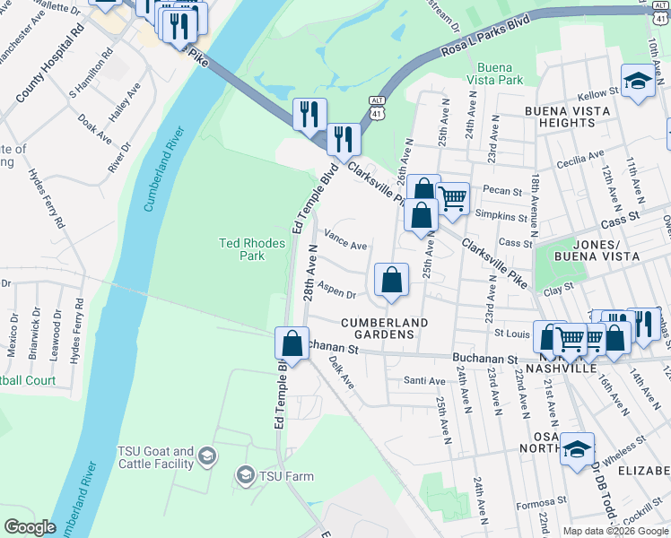 map of restaurants, bars, coffee shops, grocery stores, and more near 2704 Aspen Drive in Nashville