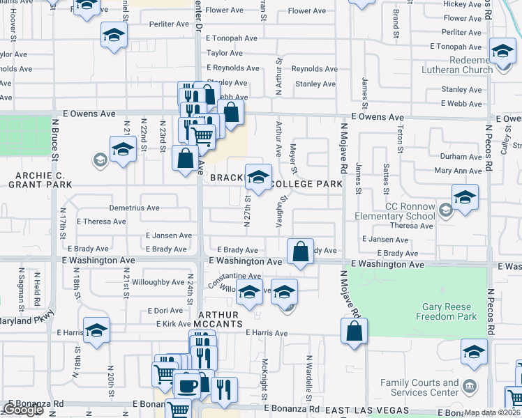map of restaurants, bars, coffee shops, grocery stores, and more near 1200 North 27th Street in Las Vegas