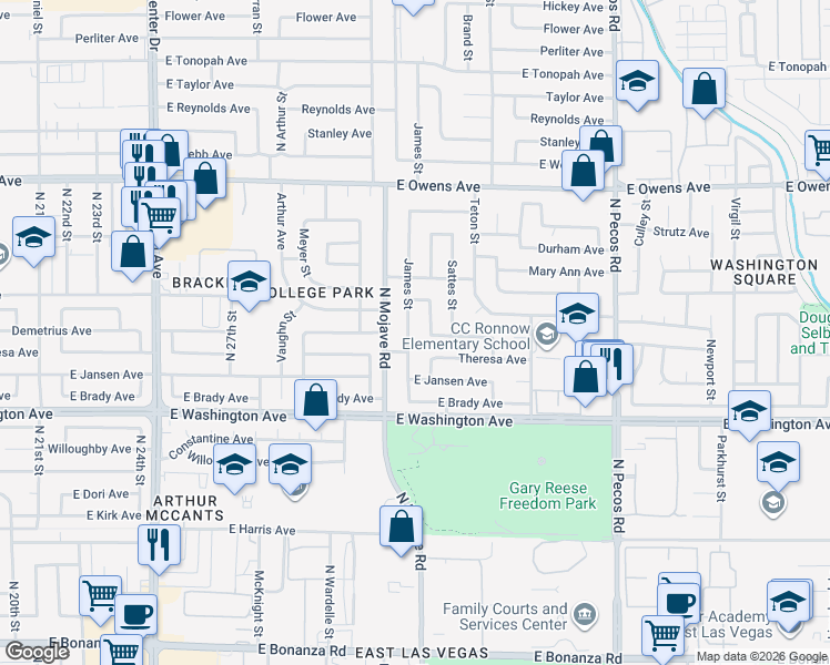 map of restaurants, bars, coffee shops, grocery stores, and more near 3105 Theresa Avenue in Las Vegas