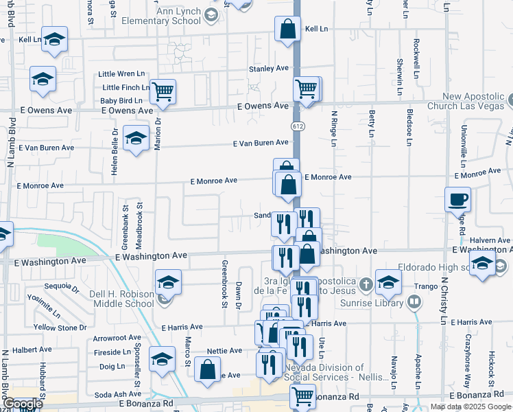 map of restaurants, bars, coffee shops, grocery stores, and more near 4998 Sandra Road in Las Vegas