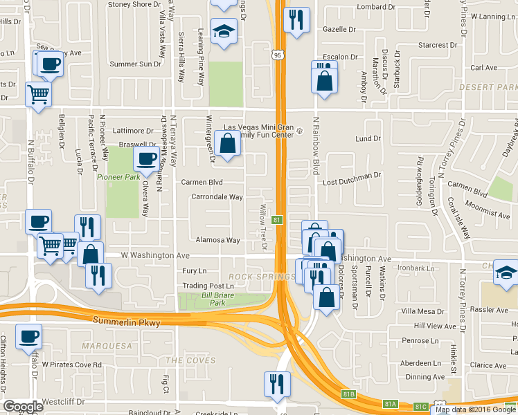 map of restaurants, bars, coffee shops, grocery stores, and more near 1024 Willow Tree Drive in Las Vegas