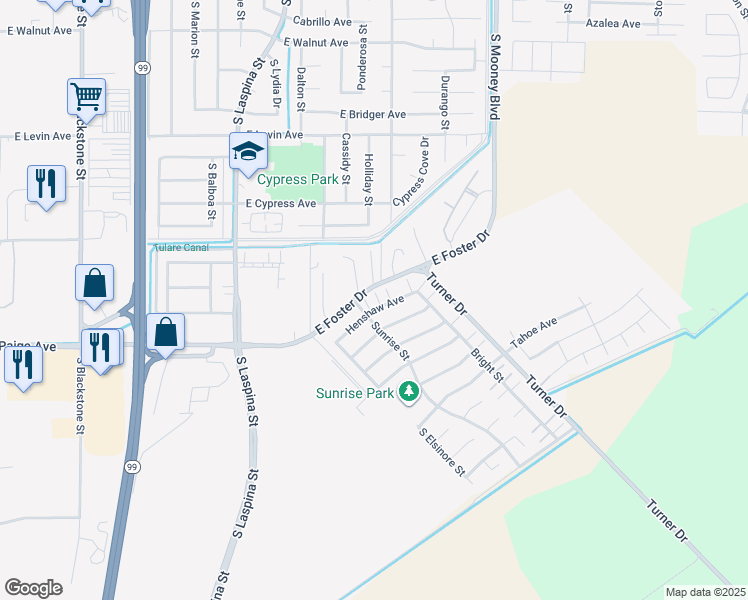 map of restaurants, bars, coffee shops, grocery stores, and more near 1799 Henshaw Avenue in Tulare