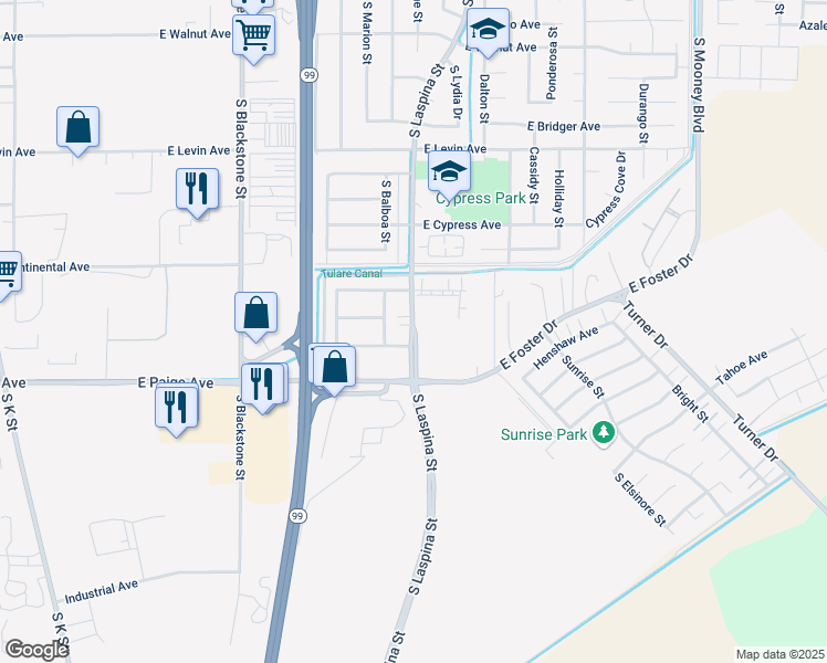map of restaurants, bars, coffee shops, grocery stores, and more near 1465 Manzanita Avenue in Tulare
