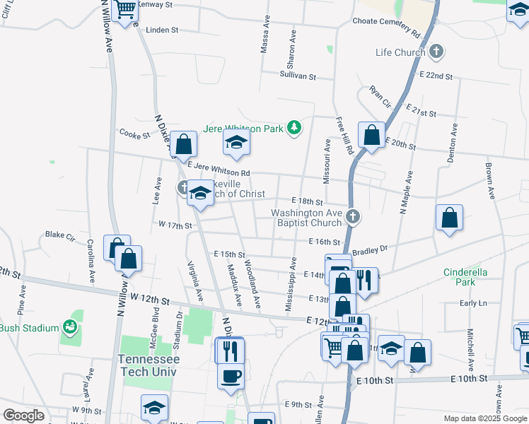 map of restaurants, bars, coffee shops, grocery stores, and more near 1618 Texas Avenue in Cookeville