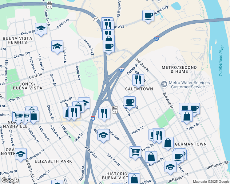 map of restaurants, bars, coffee shops, grocery stores, and more near 1806 Rosa L Parks Boulevard in Nashville