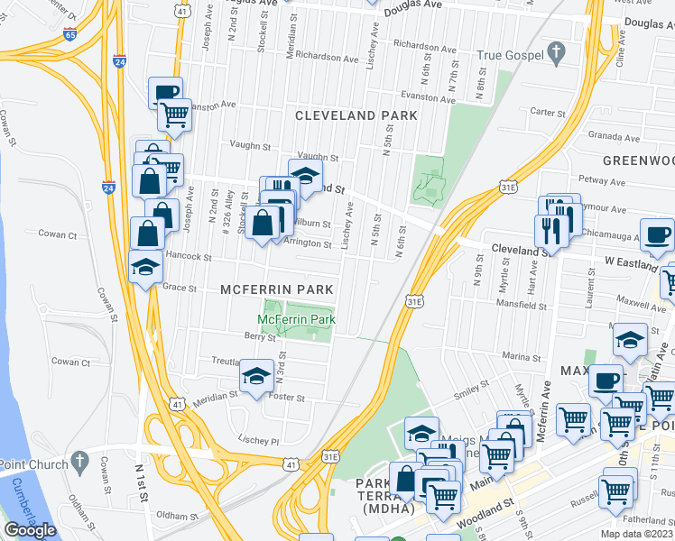 map of restaurants, bars, coffee shops, grocery stores, and more near 337 Hancock Street in Nashville
