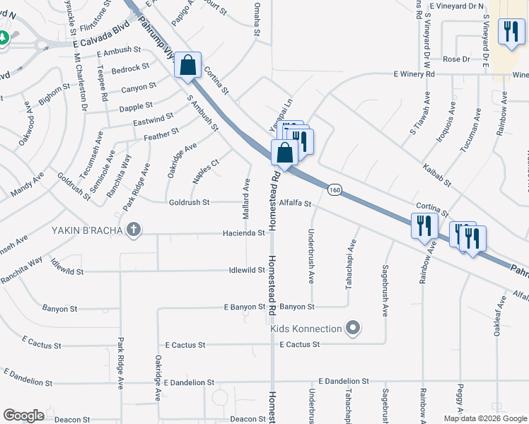 map of restaurants, bars, coffee shops, grocery stores, and more near 2440 Homestead Road in Pahrump