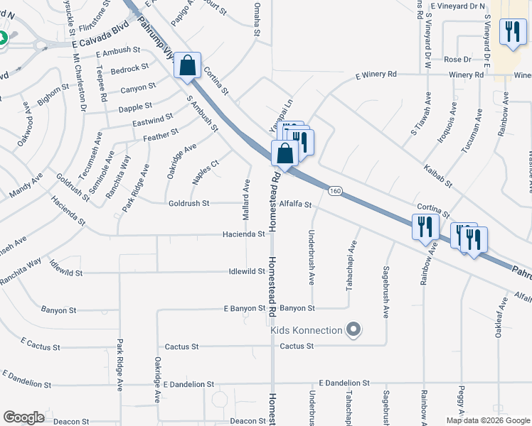 map of restaurants, bars, coffee shops, grocery stores, and more near 2440 Homestead Road in Pahrump