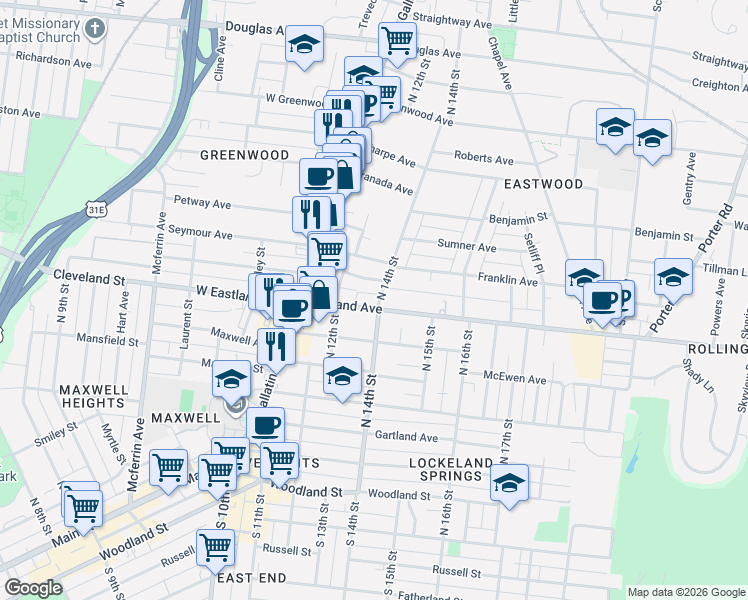 map of restaurants, bars, coffee shops, grocery stores, and more near 1307 Edgewood Place in Nashville