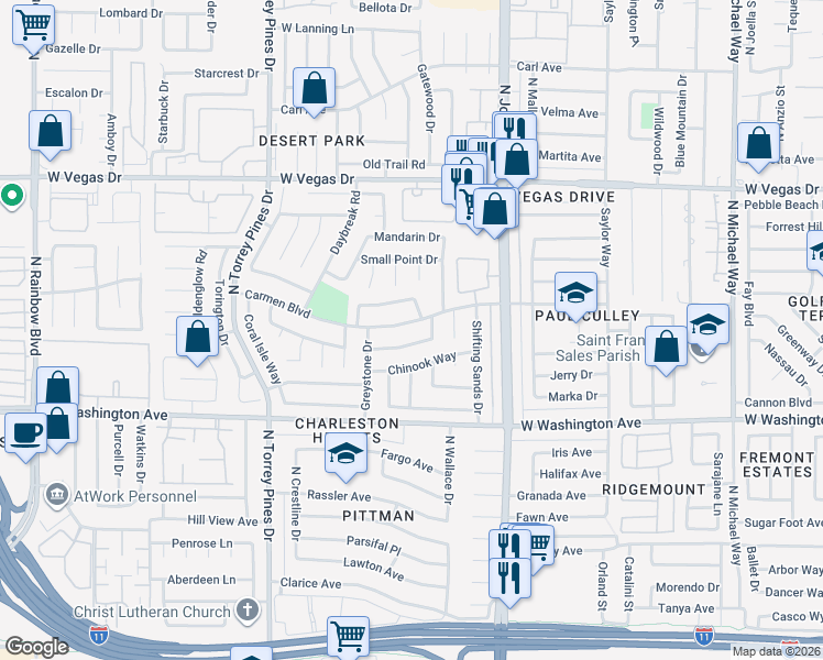 map of restaurants, bars, coffee shops, grocery stores, and more near 6217 Carmen Boulevard in Las Vegas