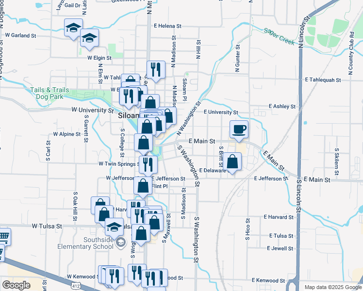 map of restaurants, bars, coffee shops, grocery stores, and more near 305 East Main Street in Siloam Springs
