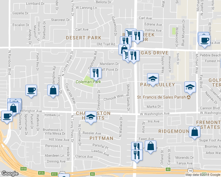 map of restaurants, bars, coffee shops, grocery stores, and more near 6217 Carmen Boulevard in Las Vegas