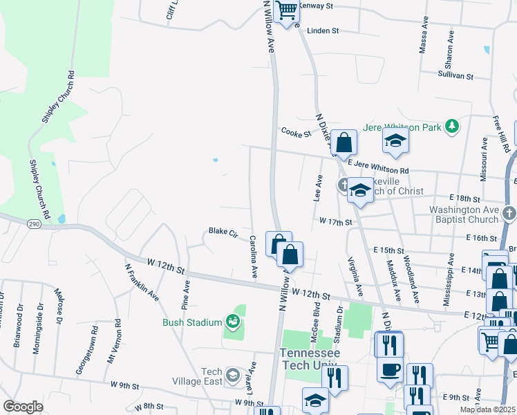 map of restaurants, bars, coffee shops, grocery stores, and more near 1500 North Willow Avenue in Cookeville