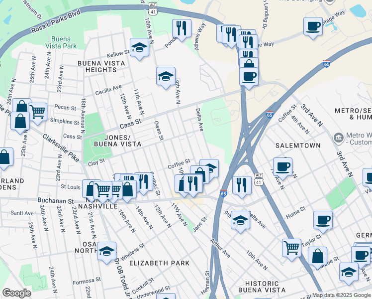 map of restaurants, bars, coffee shops, grocery stores, and more near 1919 9th Avenue North in Nashville