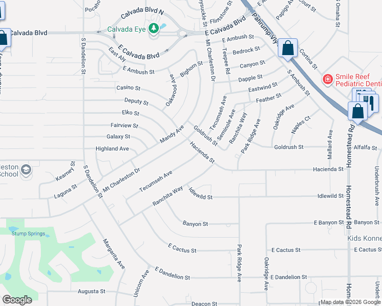 map of restaurants, bars, coffee shops, grocery stores, and more near 2490 Tecumseh Avenue in Pahrump