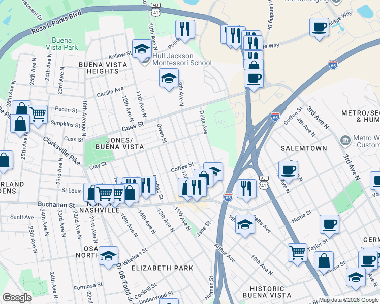 map of restaurants, bars, coffee shops, grocery stores, and more near 1919 9th Avenue North in Nashville