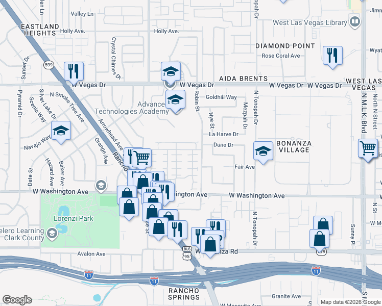 map of restaurants, bars, coffee shops, grocery stores, and more near 2517 Living Rock Street in Las Vegas