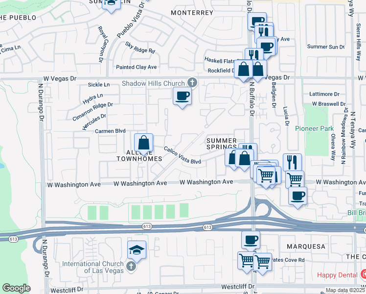 map of restaurants, bars, coffee shops, grocery stores, and more near 1009 Sulphur Springs Lane in Las Vegas