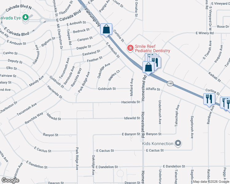 map of restaurants, bars, coffee shops, grocery stores, and more near 2790 Goldrush Street in Pahrump