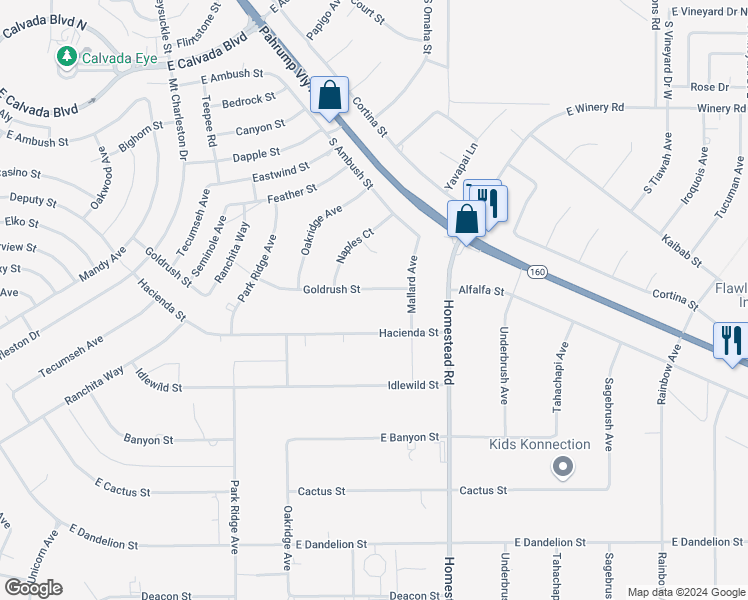 map of restaurants, bars, coffee shops, grocery stores, and more near 2831 Goldrush Street in Pahrump