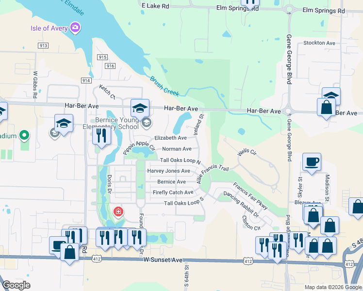 map of restaurants, bars, coffee shops, grocery stores, and more near 6400 Elizabeth Avenue in Springdale