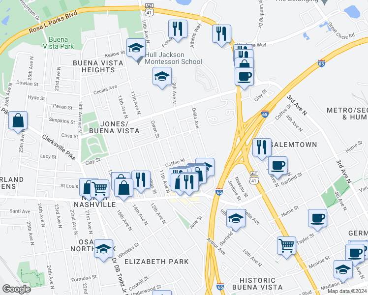 map of restaurants, bars, coffee shops, grocery stores, and more near 1911 9th Avenue North in Nashville