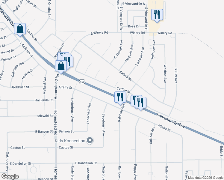 map of restaurants, bars, coffee shops, grocery stores, and more near 3461 Cortina Street in Pahrump