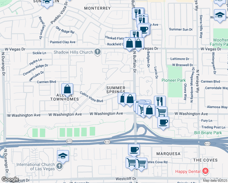 map of restaurants, bars, coffee shops, grocery stores, and more near 7720 Leavorite Drive in Las Vegas