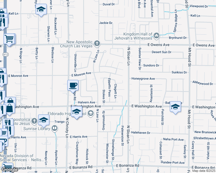 map of restaurants, bars, coffee shops, grocery stores, and more near 1327 Ebbetts Pass in Las Vegas