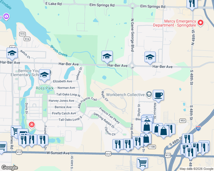 map of restaurants, bars, coffee shops, grocery stores, and more near 6058 Wells Circle in Springdale