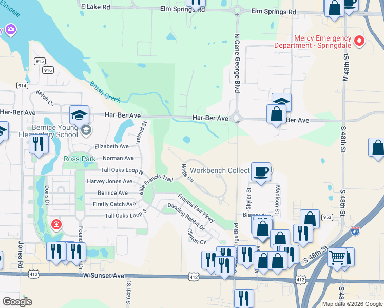 map of restaurants, bars, coffee shops, grocery stores, and more near 6058 Wells Circle in Springdale