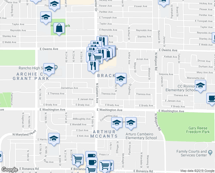 map of restaurants, bars, coffee shops, grocery stores, and more near 1203 Mews Lane in Las Vegas