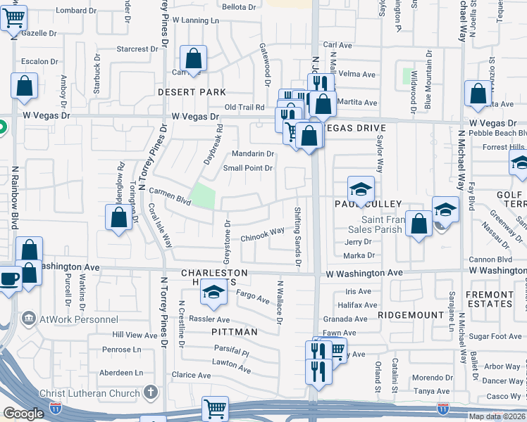 map of restaurants, bars, coffee shops, grocery stores, and more near 1305 North Pocono Way in Las Vegas