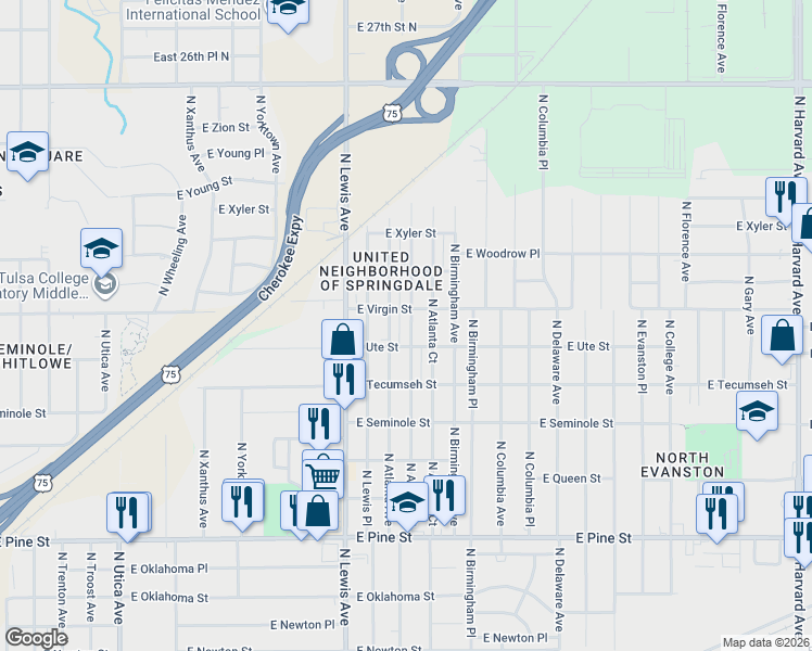 map of restaurants, bars, coffee shops, grocery stores, and more near 2020 North Atlanta Place in Tulsa