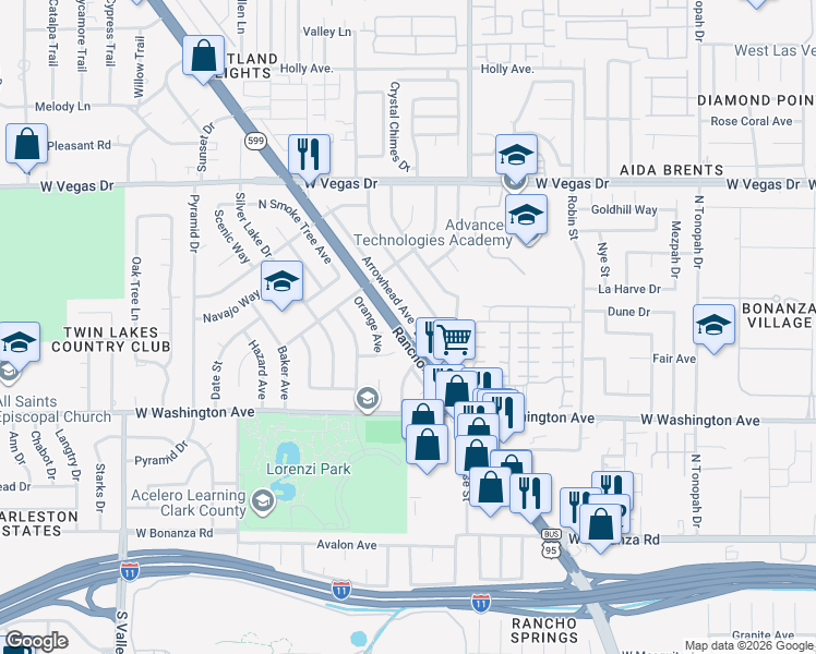 map of restaurants, bars, coffee shops, grocery stores, and more near 1113 Arrowhead Avenue in Las Vegas