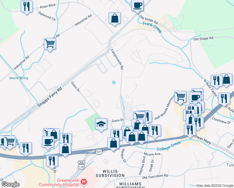 map of restaurants, bars, coffee shops, grocery stores, and more near 427 Fairgrounds Road in Greeneville
