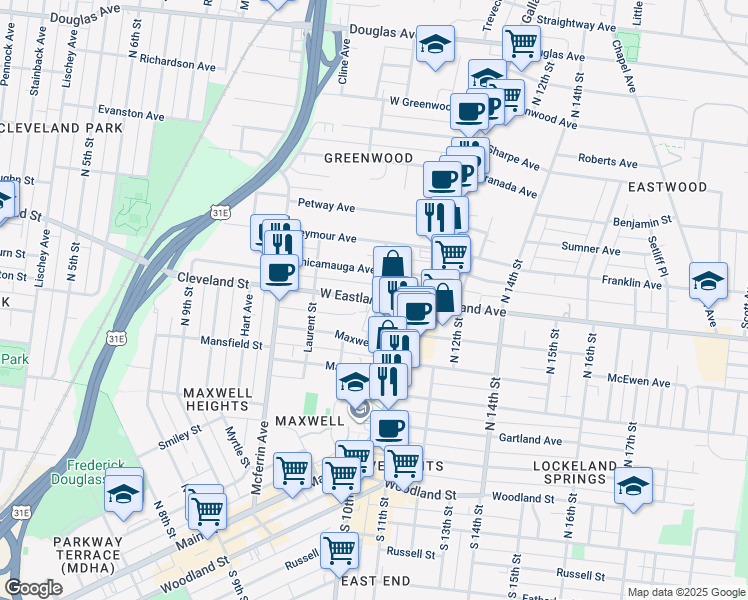 map of restaurants, bars, coffee shops, grocery stores, and more near 1019 West Eastland Avenue in Nashville