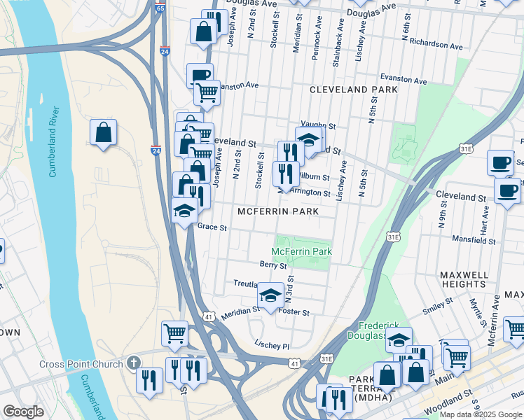 map of restaurants, bars, coffee shops, grocery stores, and more near 800 Meridian Street in Nashville