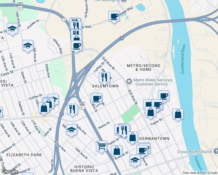 map of restaurants, bars, coffee shops, grocery stores, and more near 1803 4th Avenue North in Nashville
