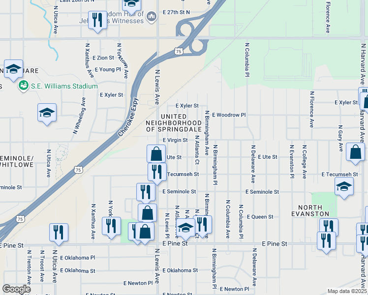 map of restaurants, bars, coffee shops, grocery stores, and more near 2104 North Atlanta Avenue in Tulsa