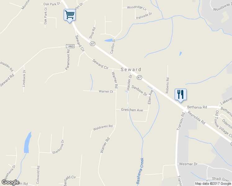 map of restaurants, bars, coffee shops, grocery stores, and more near 4965 Warner Road in Pfafftown